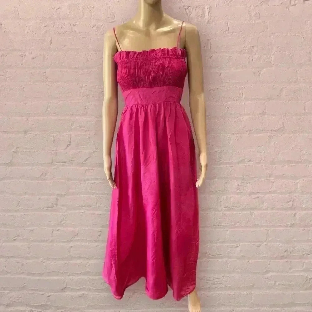 Barbiecore pink 80’s taffeta maxi dress matching shawl smocked top-Sm vintage